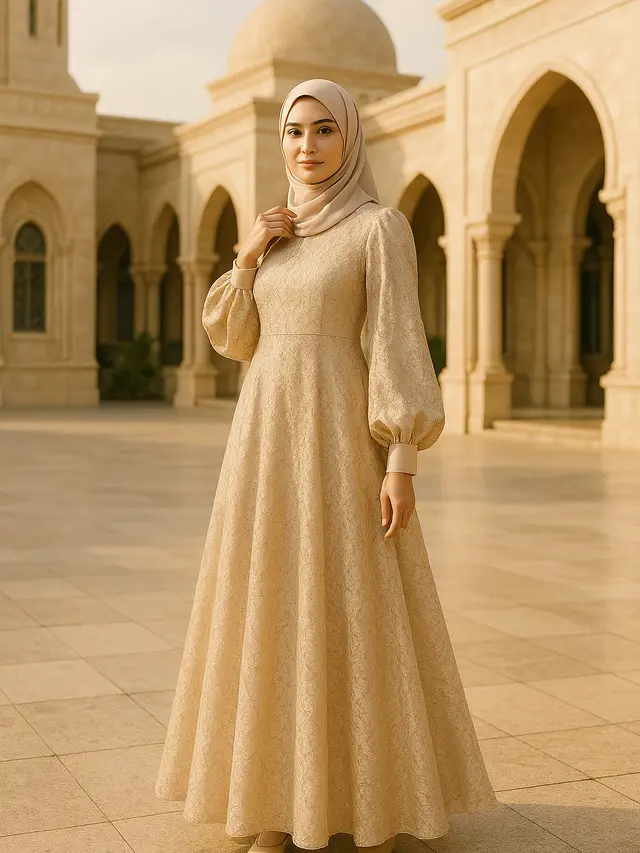 Model Gamis Syari A-Line Kombinasi Brokat Modern