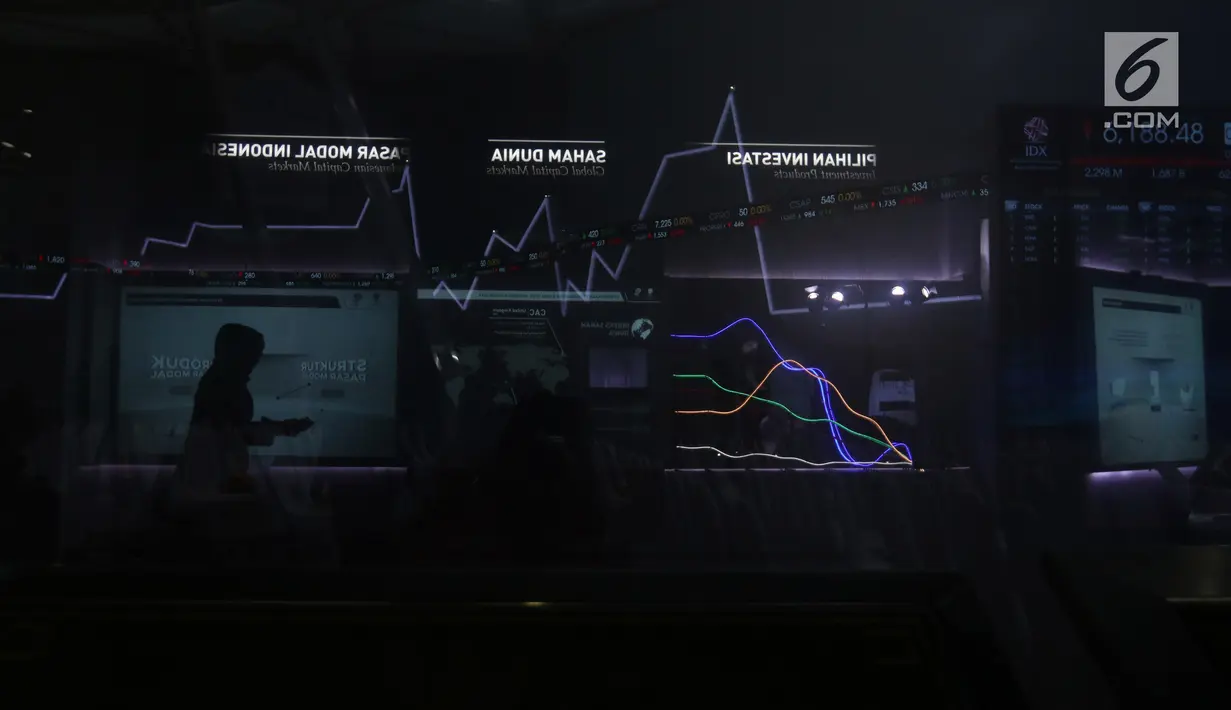 Pengunjung beraktivitas dekat layar monitor pergerakan saham di gedung Bursa Efek Indonesia, Jakarta, Rabu (2/1). Indeks Harga Saham Gabungan (IHSG) pada pembukaan perdagangan saham 2019 menguat 10,4 poin atau 0,16% ke 6.204. (Liputan6.com/Angga Yuniar)