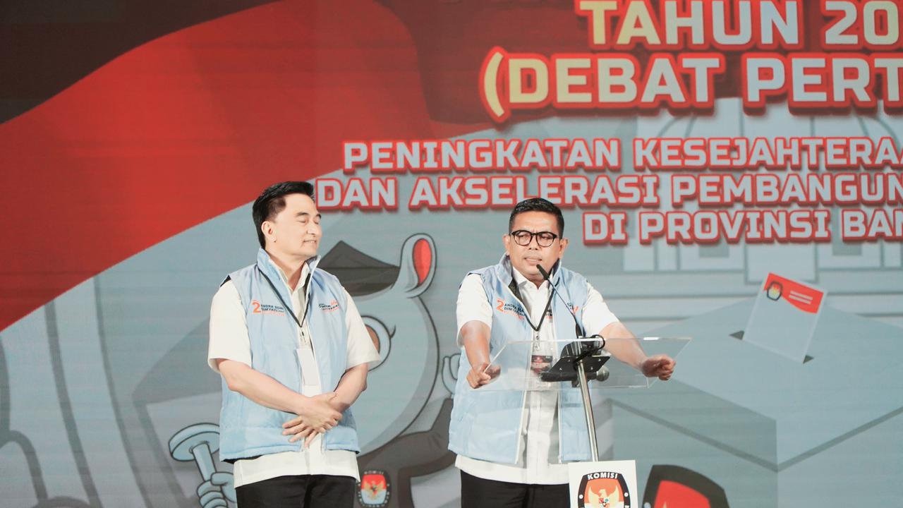 Calon Gubernur Banten nomor urut 02, Andra Soni, menjanjikan program Sekolah Gratis dalam visi misinya, termasuk diulas saat debat perdana Pilgub Banten 2024. (Istimewa)