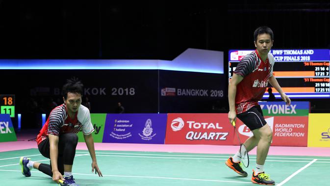 Hendra Setiawan / Mohammad Ahsan gagal menyumbangkan poin untuk Indonesia saat menghadapi Tiongkok pada semifinal Piala Thomas 2018 di Impact Arena, Bangkok, Thailand, Jumat (25/5/2018). (Humas PP PBSI)