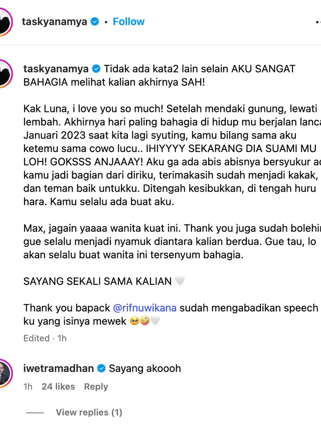 Unggahan Taskya Namya. (Foto: Dok. Instagram @taskyanamya)