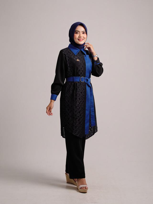 10 Model Dress Batik Kombinasi Kain Polos Warna Biru dan Hitam Modern ...