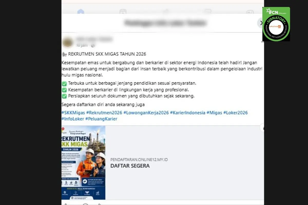 Cek Fakta Liputan6.com mendapati klaim link pendaftaran rekrutmen SKK Migas 2026