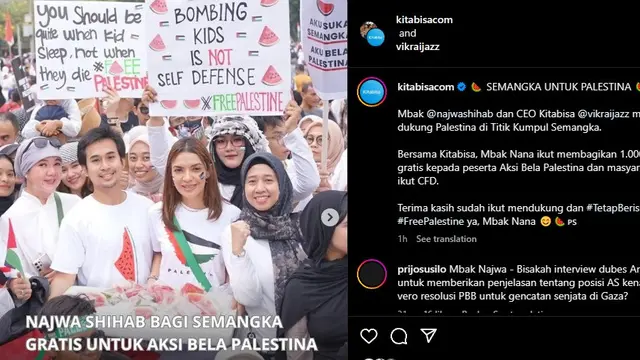 Najwa Shihab membagi-bagikan 1000 potongan buah semangka gratis kepada seluruh peserta Aksi Bela Palestina (Instagram)