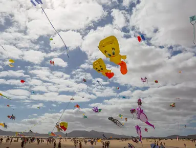 Orang-orang menerbangkan layang-layang selama Festival Layang-layang Internasional di Fuerteventura, kepulauan Canary, Spanyol, 10 November 2018. Festival diikuti 45 penerbang layang-layang profesional dan amatir dari delapan negara. (DESIREE MARTIN/AFP)