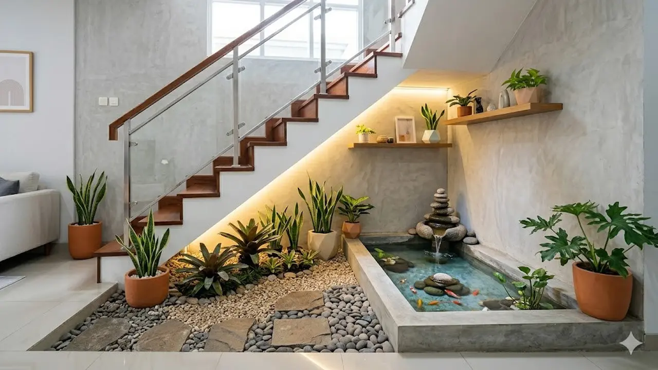 9 Model Taman Kering dan Kolam Ikan Sudut Dalam Rumah yang Mudah Dirawat