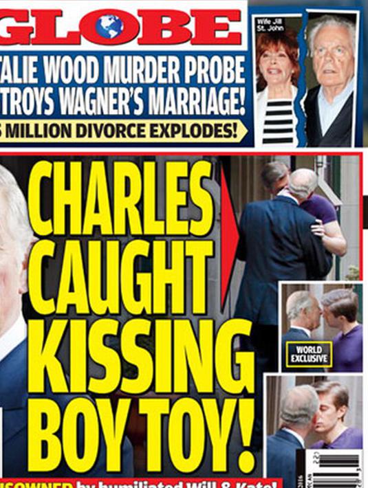 Sampul Globe Magazine memperlihatkan foto ciuman orang yang diduga adalah Pangeran Charles dengan pria muda. (twitter.com/ AJ_amyjoydonut)