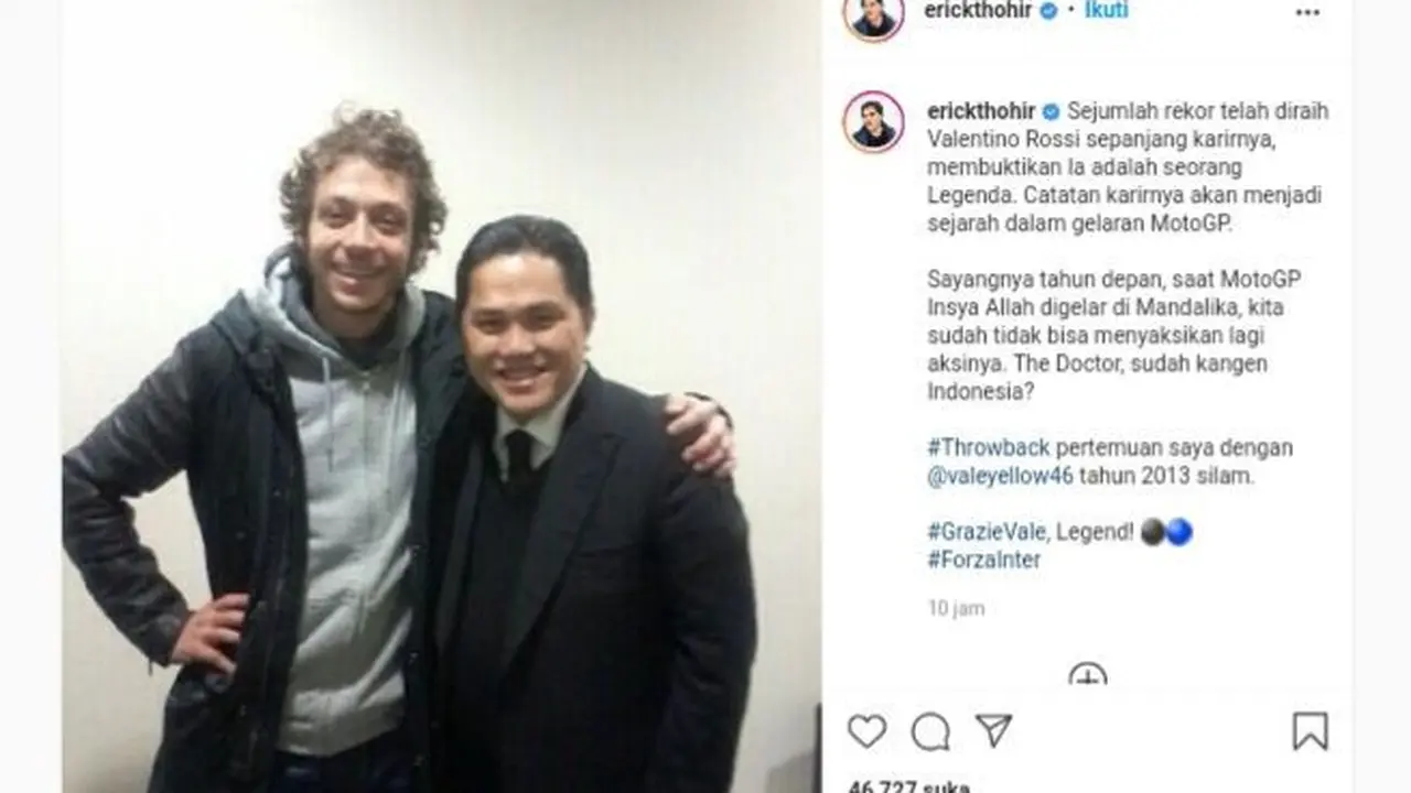 Tangkapan layar instagram @erickthohir. Dalam unggahan ini Menteri BUMn Erick Thohir berfoto dengan pembalap MotoGP Valentino Rossi.