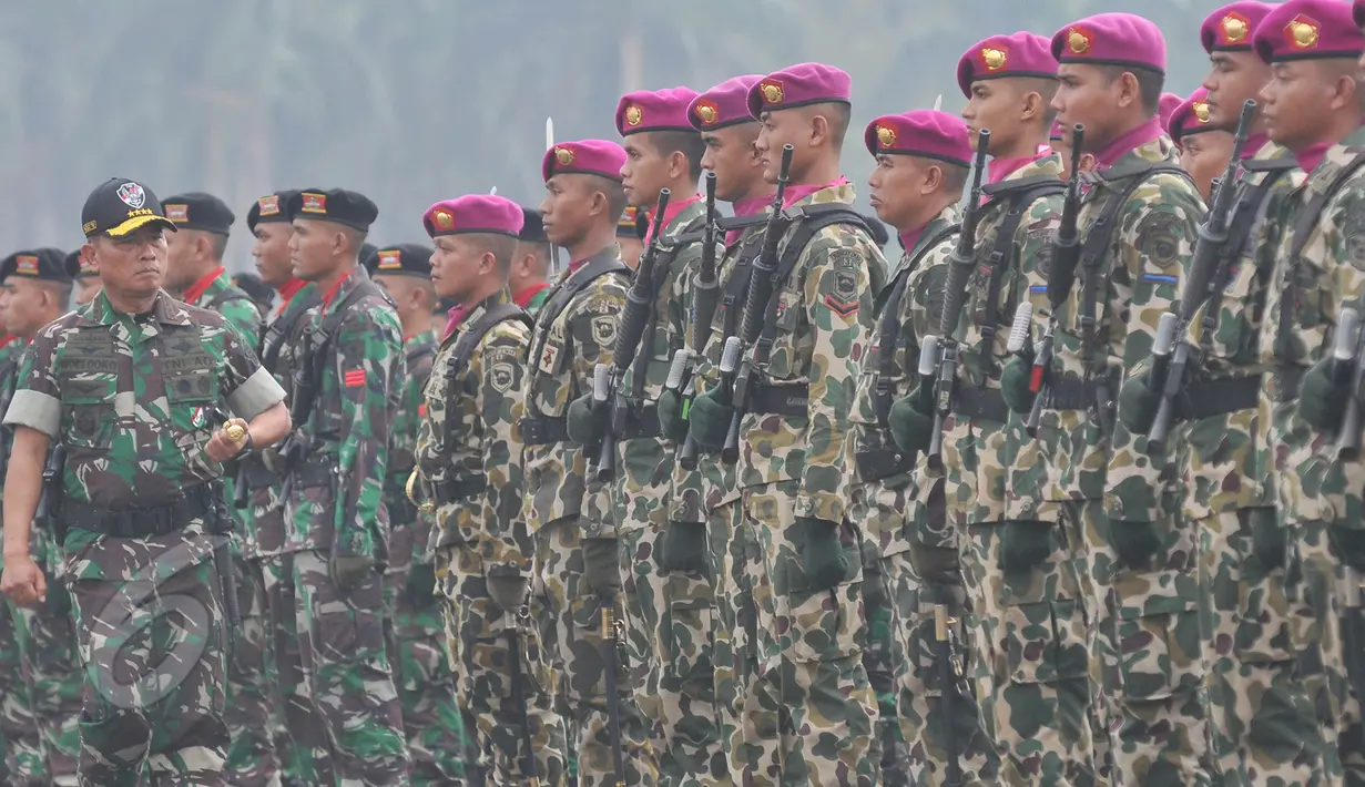 Panglima TNI Jenderal TNI Moeldoko meninjau pasukan Satuan Koopssusgab saat peresmian pembentukan Koopssusgab di Monas, Jakarta, Selasa (9/8/2015). TNI memiliki Satuan Koopssusgab sebagai pasukan khusus anti teror. (Liputan6.com/Herman Zakharia)