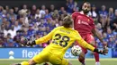 Striker Liverpool, Mohamed Salah mencetak gol kedua timnya ke gawang Ipswich Town pada laga pekan pertama Premier League 2024/2025 di Portman Road Stadium, Ipswich, Sabtu (17/8/2024). (AP Photo/Alastair Grant)