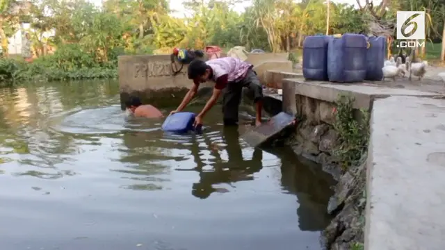 Dua bulan tanpa hujan, Desa Kalianyar di Indramayu alami krisis air. Warga terpaksa mandi di kubangan air kotor.