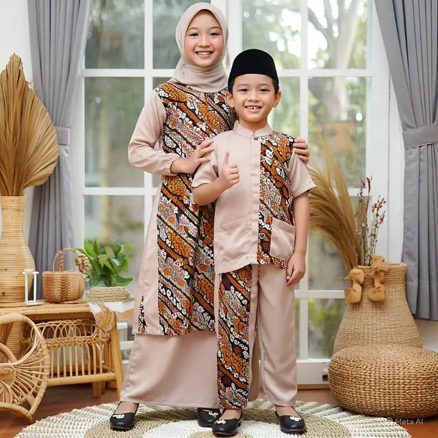 Contoh gamis untuk anak-anak model kombinasi layer simetris/Gambar Meta AI