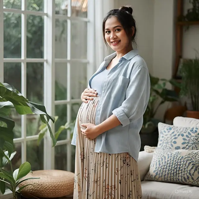 Outfit Ibu Hamil Pakai Rok Plisket