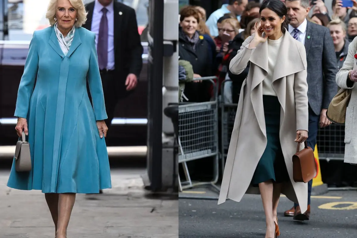 Ratu Camilla dan Meghan Markel dalam kesempatan berbeda memakai tas tangan yang sama