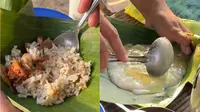 Kuliner Nasi Megono di Yogyakarta, makan sambil melihat pemandangan kereta. (Dok: TikTok @jogjamain)