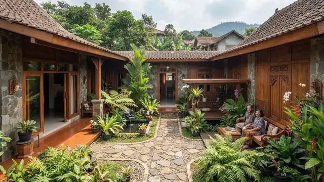 Rumah kampung dengan kayu dan batu alam yang nyaman untuk masa tua model dengan halaman tengah