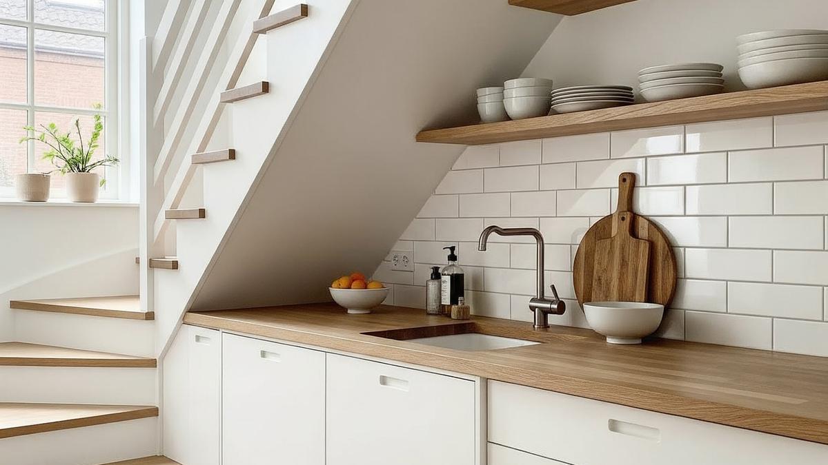 8 Desain Dapur Skandinavia di Bawah Tangga dengan Nuansa Putih Natural 2025, Cocok untuk Rumah Modern