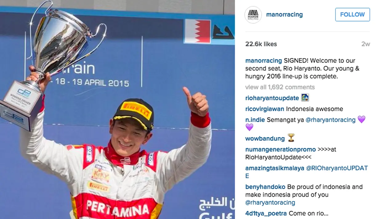 Postingan Manor Racing ini mencapai 22.600 like, sangat tinggi untuk postingan lain di Instagram Manor Racing. (Bola.com/Manorracing/Instagram)