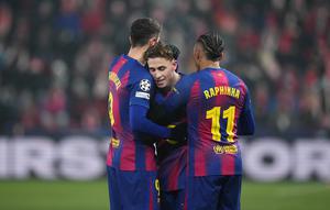 Fermin Lopez merayakan gol kedua timnya dalam laga Liga Champions antara Slavia Praha vs Barcelona di Fortuna Arena, 22 Januari 2026. (AP Photo/Petr David Josek)