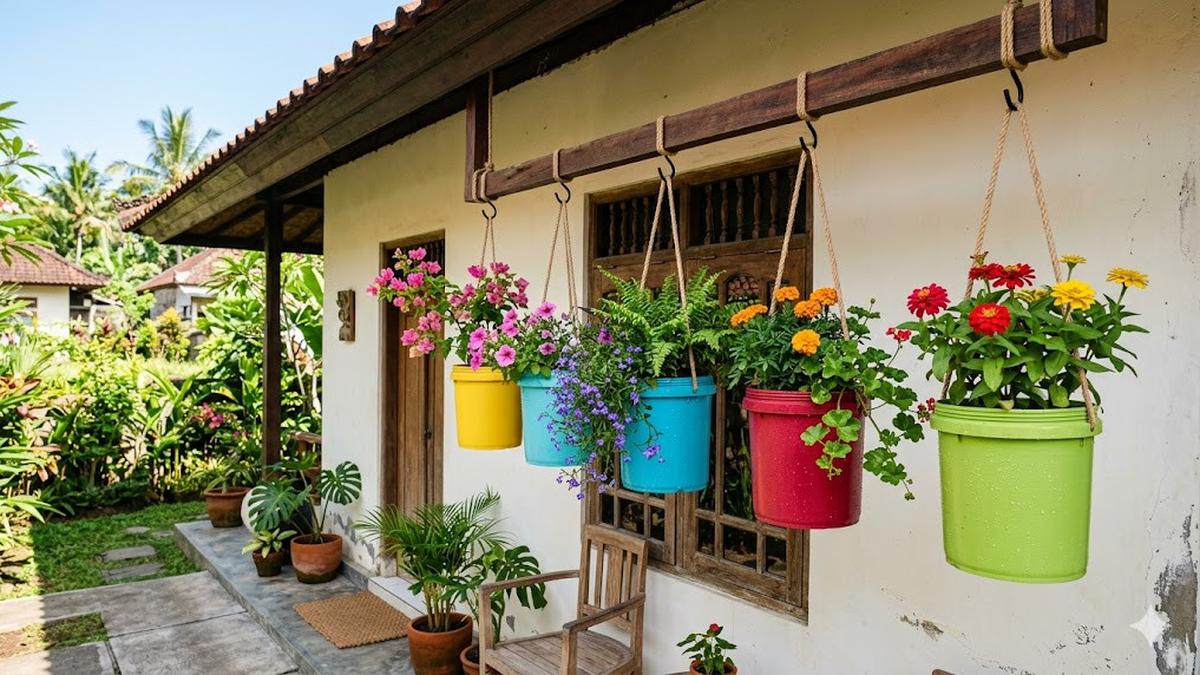 7 Ide Taman Gantung Depan Rumah dari Ember Cat Bekas yang Estetik