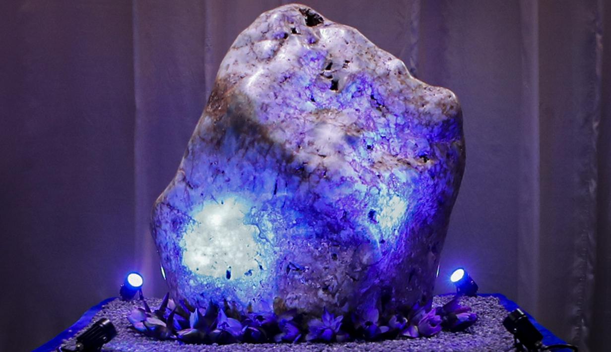 Sebuah safir biru korundum alami seberat 310 kilogram yang dipajang di Horana, sekitar 41 km dari selatan Kolombo, pada 12 Desember 2021. Safir tersebut dipajang di rumah salah satu pemilik lubang permata. (AP Photo/Eranga Jayawardena)