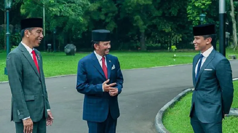 Dengan setelan jas rapi dan peci di atas kepala, Pangeran Mateen terlihat sedang bercengkrama dengan Presiden Jokowi sambil ditemani sang ayah (Instagram/@tmski)