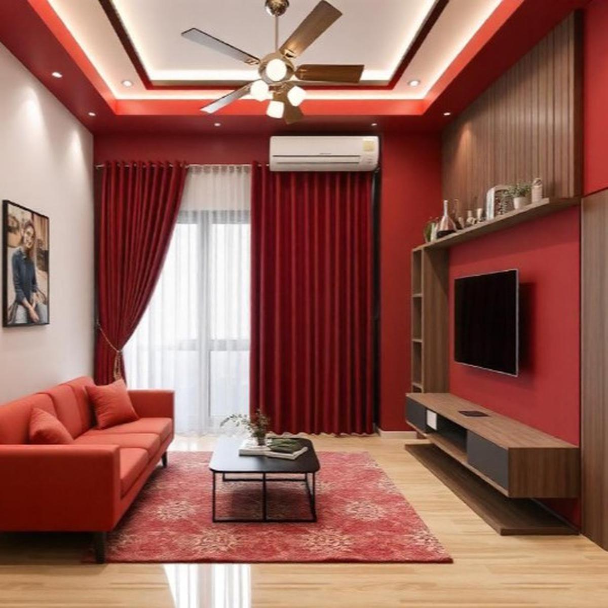 Ilustrasi ruang tamu dengan dinding warna merah maroon