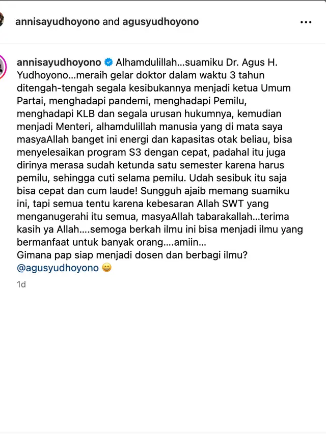 Unggahan Annisa Pohan. (Foto: Dok. Instagram @annisayudhoyono)