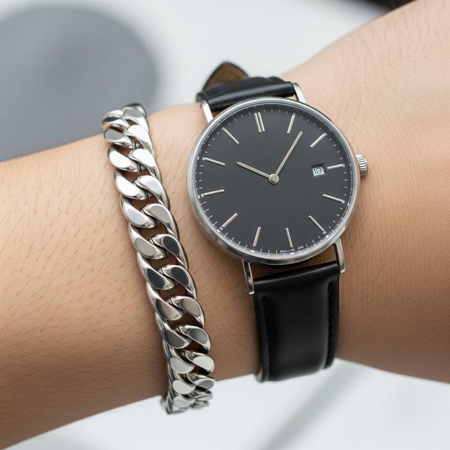 4. Gelang Rantai Model Cuban Link dengan Jam Tangan Klasik Hitam