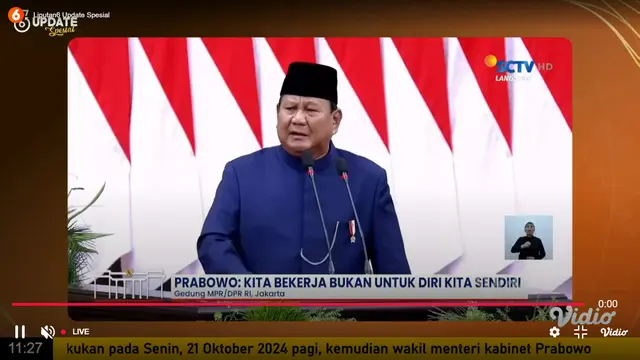 Pidato Presiden Prabowo Subianto saat pelantikan presiden dan wakil presiden, Minggu (20/10/2024). (Foto: tangkapan layar/Agustina)