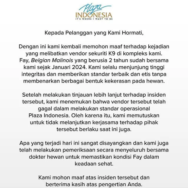 Permohonan maaf Plaza Indonesia