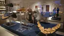 Pengunjung melihat perhiasan kuno yang dipamerkan di Museum Nasional Peradaban Mesir (NMEC), Distrik Fustat, Kairo Lama, Mesir, 4 April 2021. Museum Nasional Peradaban Mesir kembali dibuka sehari setelah upacara Parade Emas Firaun. (Mahmoud KHALED/AFP)