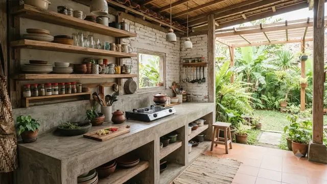 Model Dapur Terbuka dengan Meja Beton dan Rak Kayu