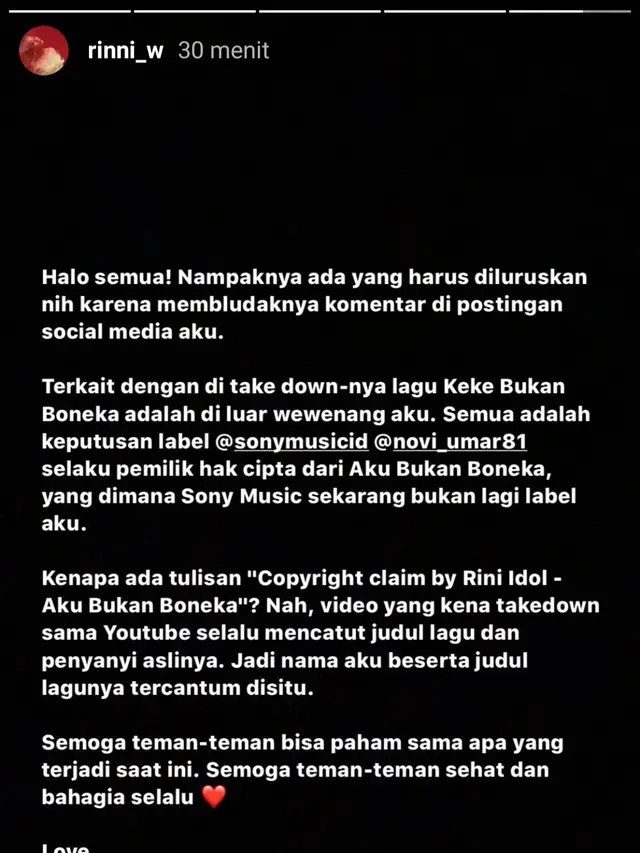 Unggahan Rinni Wulandari. (Foto: Instagram @rinni_w)