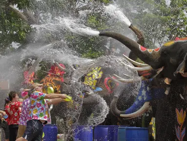 Gajah semprot wisatawan dengan air dalam perayaan festival air Songkran di Ayutthaya, Bangkok, Thailand (10/4/2015). Festival air songkoran menandai dimulainya Tahun Baru tradisional Thailand. (REUTERS/Chaiwat Subprasom)