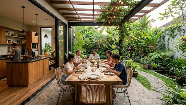 Desain Ruang Makan Semi Outdoor di Antara Dapur dan Taman/AI Generated