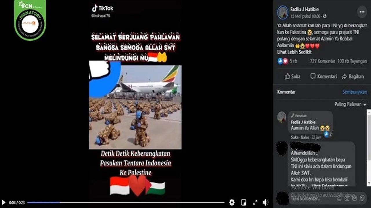 Gambar Tangkapan Layar Video yang Diklaim Detik-detik Pasukan TNI Berangkat ke Palestina (sumber: Facebook)