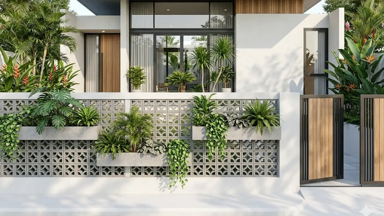 Ide Pagar Depan Rumah dengan Rak Tanaman Menempel