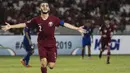 Bek Qatar, Nasir Baksh, merayakan kemenangan atas Thailand pada laga Piala AFC U-19 di SUGBK, Jakarta, Minggu (28/10). Qatar menang 7-3 atas Thailand. (Bola.com/Vitalis Yogi Trisna)