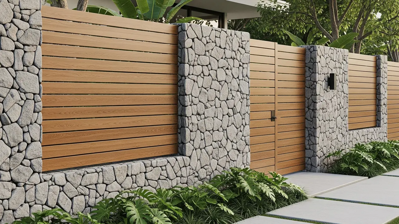 Model Pagar Rumah Modern Tanpa Motif Ramai dengan Sentuhan Kayu Natural (Image by Gemini AI)