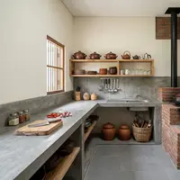 Inspirasi dapur rumah desa dengan tungku yang estetik (AI generated)