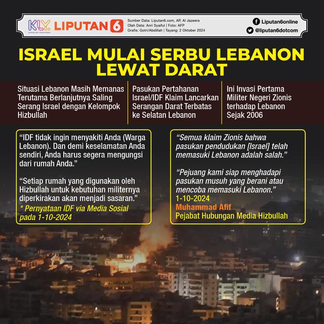 Infografis Israel Mulai Serbu Lebanon Lewat Darat. (Liputan6.com/Gotri/Abdillah)