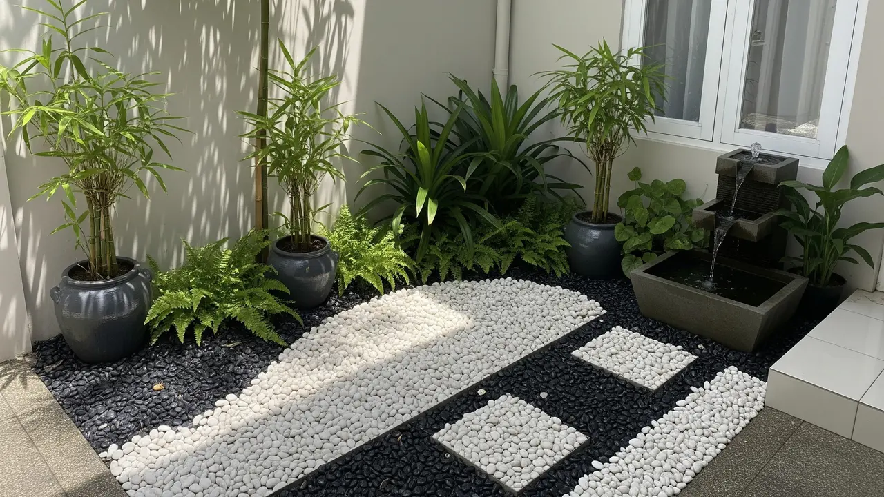 Zen Garden Mini dengan Batu Koral dan Bambu (Vibe Bali)