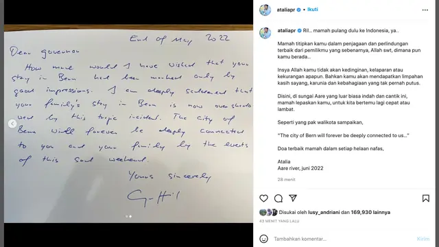 Unggahan Atalia Praratya istri Ridwan Kamil. (Foto: Dok. Instagram @ataliapr)