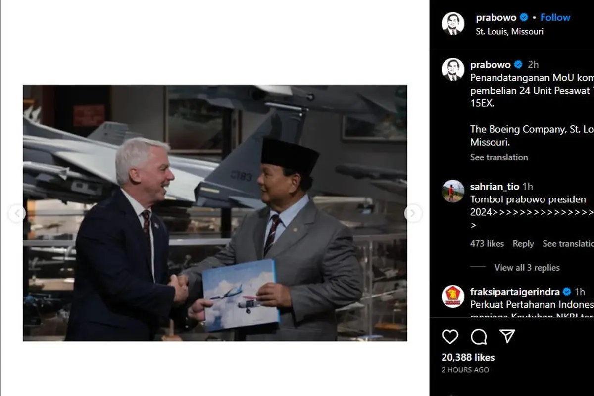 Menhan Prabowo Subianto menandatangani MoU pembelian 24 pesawat tempur di markas perusahaan pesawat Boeing di St Louis