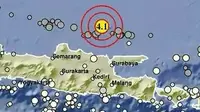 Gempa Magnitudo 4,1 kembali menggetarkan wilayah Tuban Jatim, Kamis (30/5/2024), pukul 08.44.53 WIB. (Liputan6.com/ Dok BMKG)