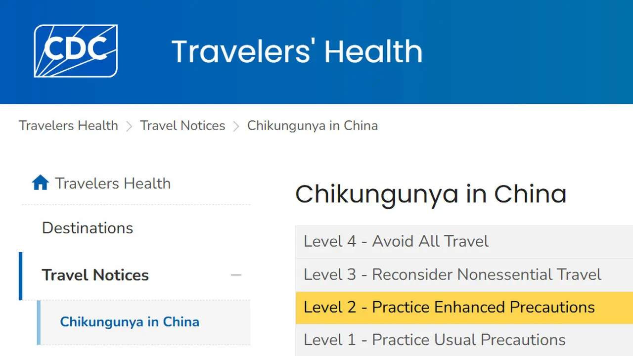 Peringatan perjalanan level 2 terkait chikingunya di China. (Tangkapan Layar CDC)