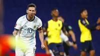 Lionel Messi merayakan gol yang dicetaknya ke gawang Ekuador dalam Kualifikasi Piala Dunia 2022 Zona CONMEBOL, Jumat (9/10/2020) pagi WIB. (Raul Martinez/Pool via AP)