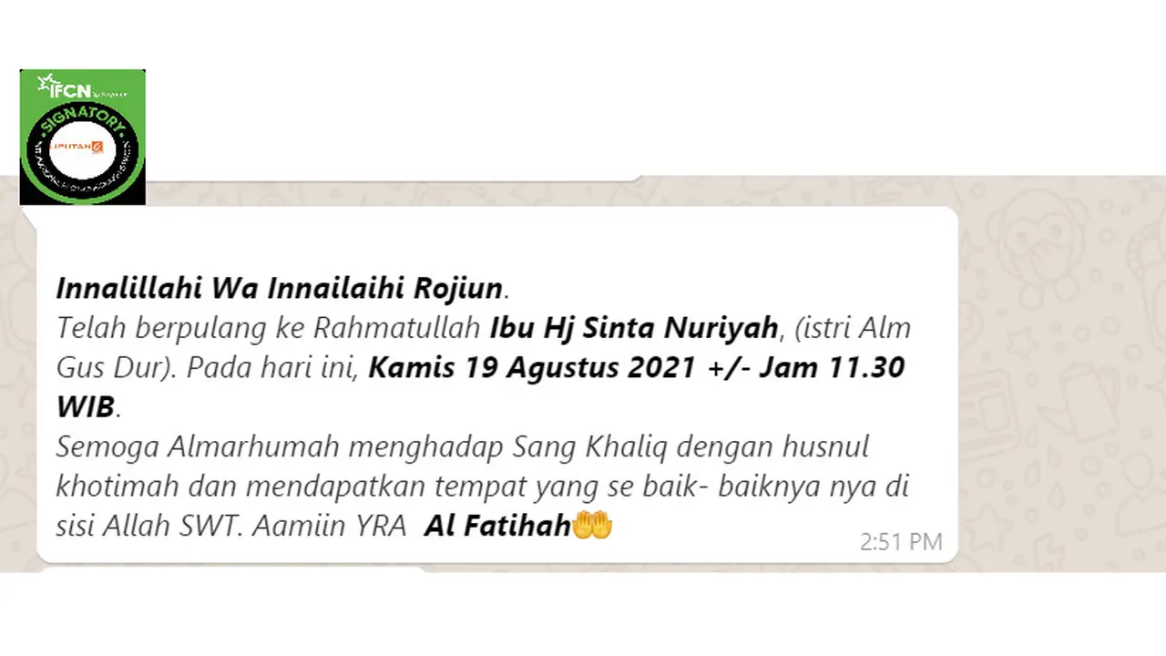 Cek Fakta Liputan6.com menelusuri informasi Sinta Nuriyah istri  Gus Dur meninggal dunia pada 19 Agustus 2021