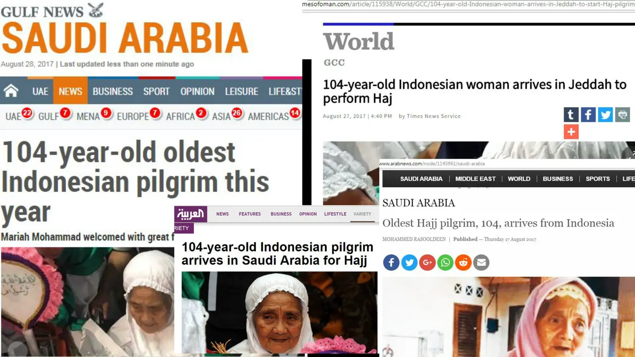 Sejumlah media Arab yang memberitakan Nenek Bay, jemaah haji tertua dari Indonesia. (Screen Grab)